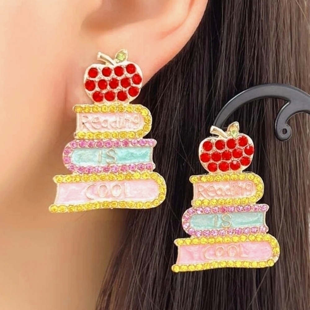 Book Apple Drop Earrings Blue Pink Rhinestone NWT